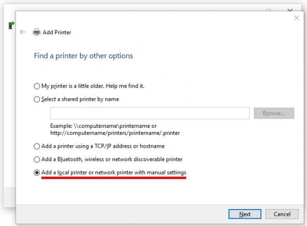 Add a local or network printer with manual settings
