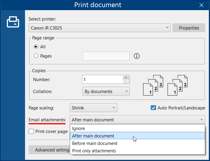 Change Email attachments for the Print document Action