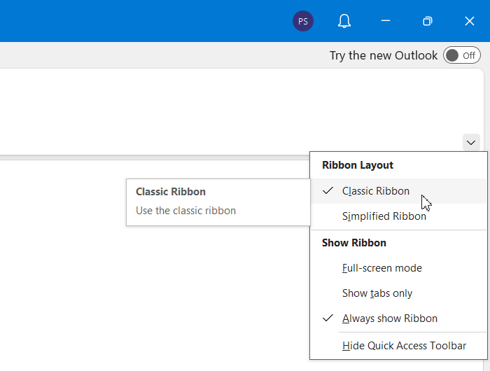 Change Simplified Ribbon to Classic Ribbon in Outlook