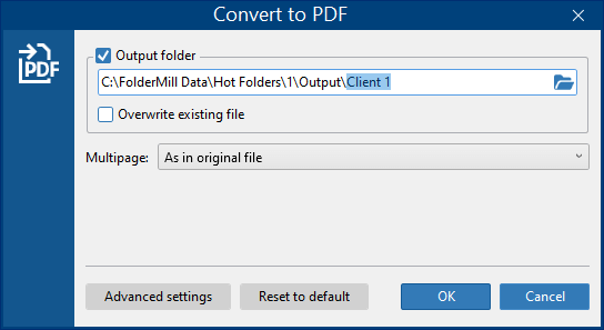Convert to PDF Action parameters