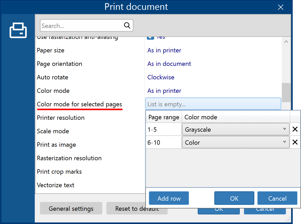 Change Color/Grayscale mode by page range for Print Document Action