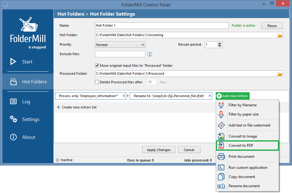 Convert to PDF as 3rd Action in the Action Set Convert to PDF as 3rd Action in the Action Set