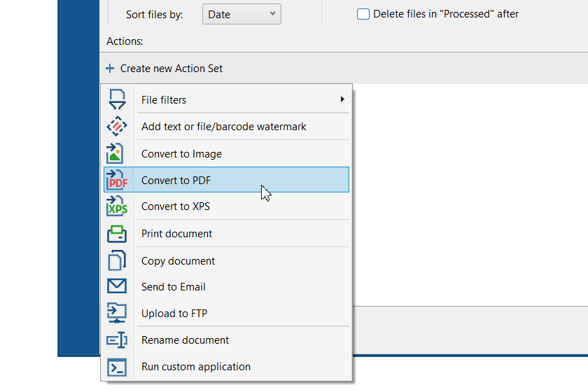 Create a new Hot Folder and add Convert to PDF Action