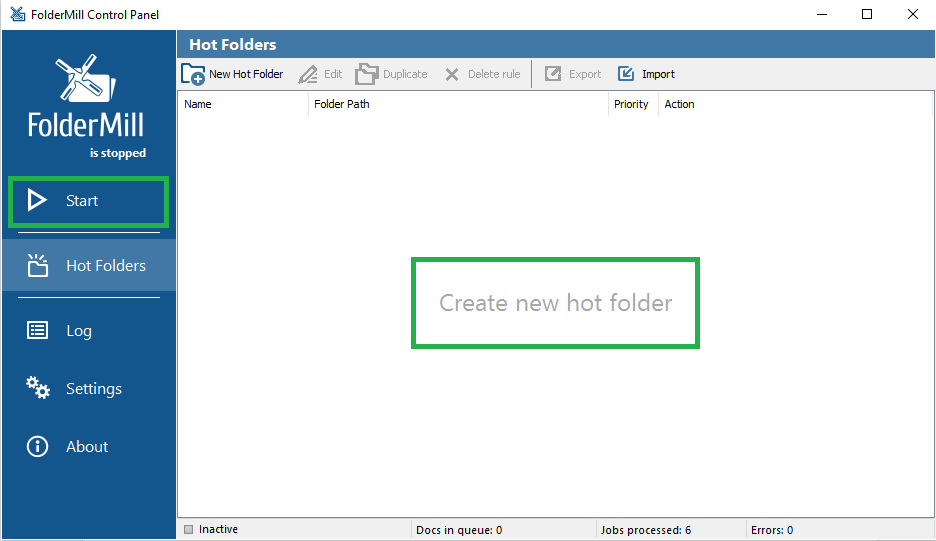 Create new Hot folder and Start FolderMill