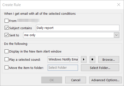 Creating rule dialog in Outlook 