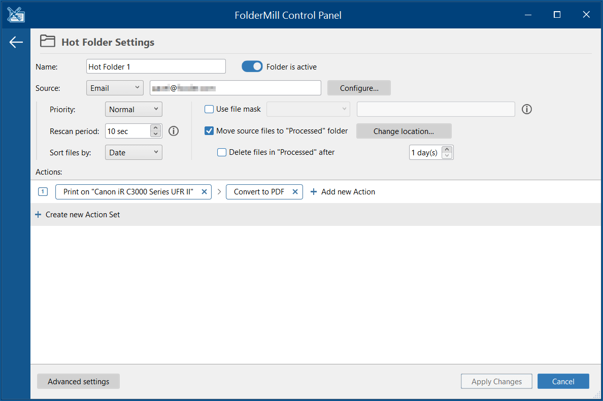 Hot Folder Settings for Email as Source