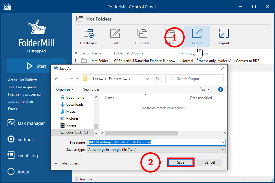 Save all settings data as a single ZIP file
