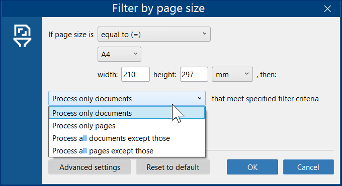 Filter by page size parameters in FolderMill Filter by page size parameters in FolderMill