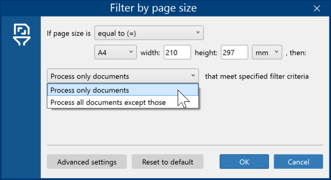 Filter incoming files by paper size