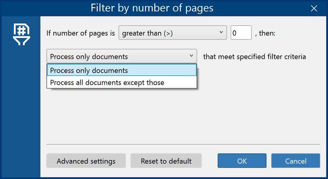 Filter by number of pages Action