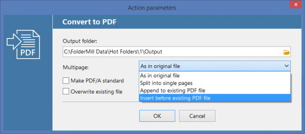 Insert pages before existing PDF file with FolderMill