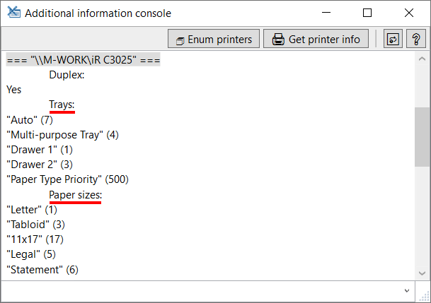 Using the Additional information console to check printer trays