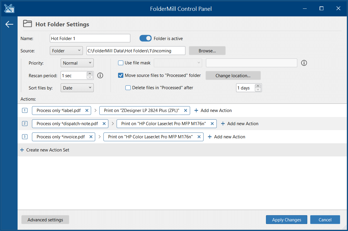 Hot Folder Settings with three Action sets