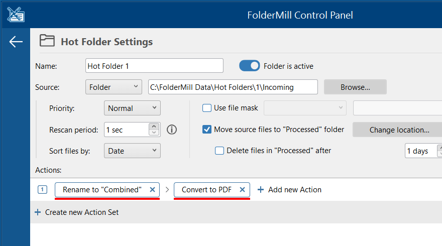 Rename document + Convert to PDF (+ Append to existing PDF option enabled)