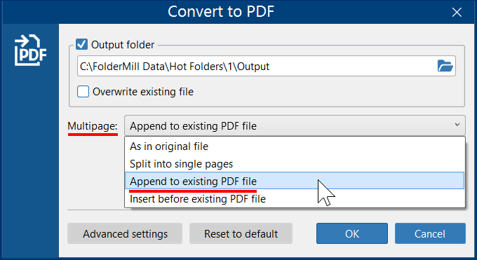 Convert to PDF, Multipage: Append to existing file