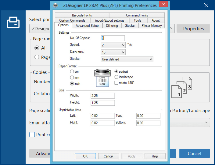 Set printing preferences for label stickers