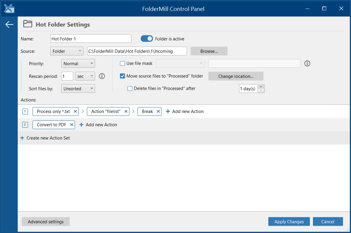 FolderMill configuration to process all files listed in a .txt file