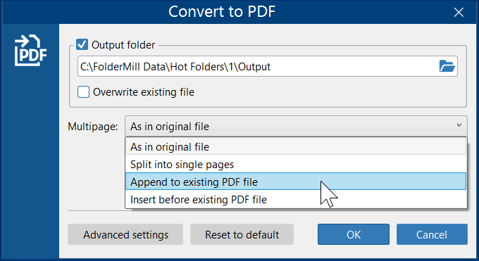 Append to existing PDF file in FolderMill