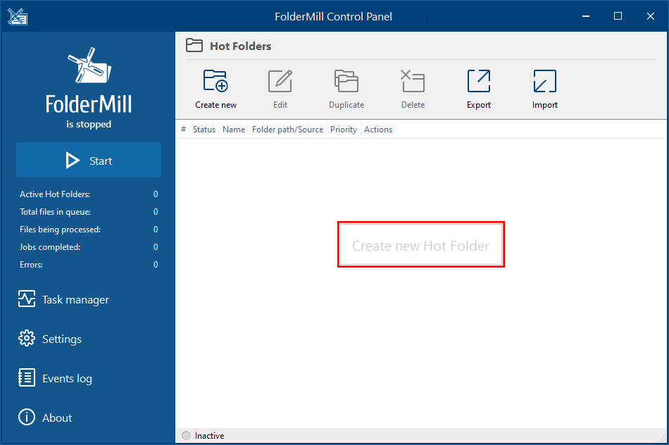 Create a new hot folder to automate files processing with FolderMill