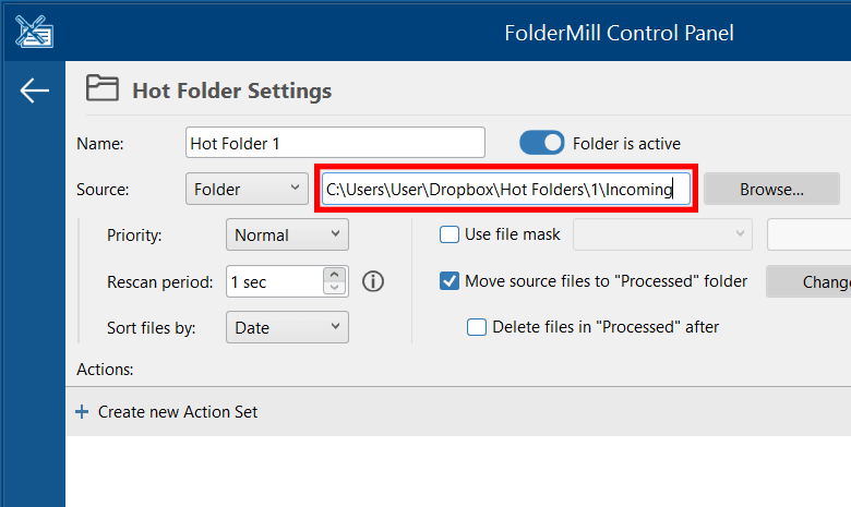 Set Dropbox subfolders as an incoming and processed folders for FolderMill