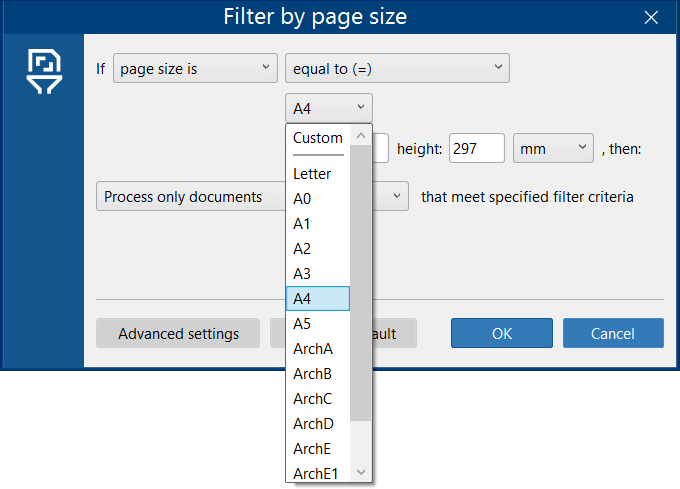 Select page format for Paper size Filter in FolderMill