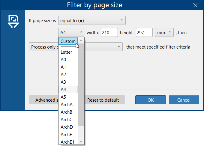 Select page format for Paper size Filter in FolderMill