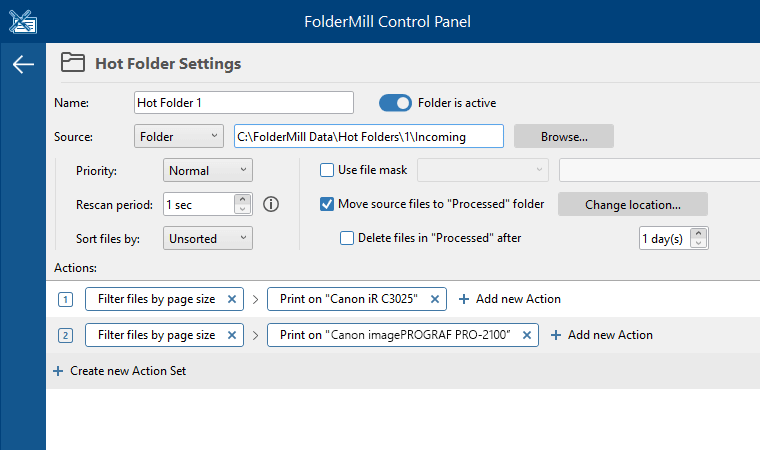 Hot Folder Settings: Filter files by paper size + Print Document