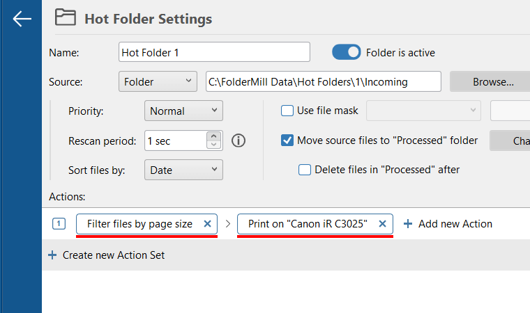 Hot Folder Settings: Filter files by paper size + Print Document