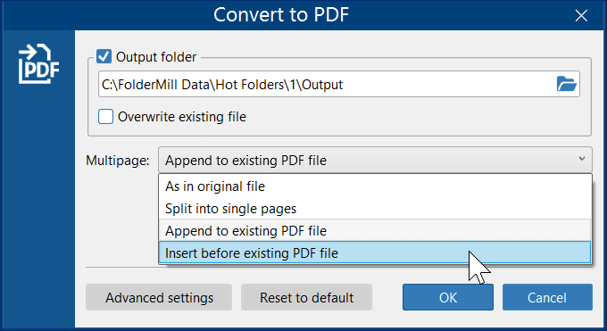 Convert to PDF Action parameters in FolderMill