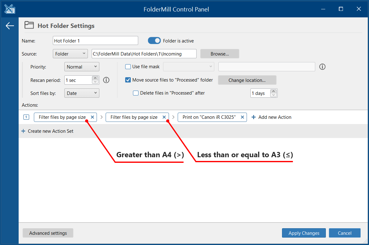 Action Set for filtering files by paper size in FolderMill