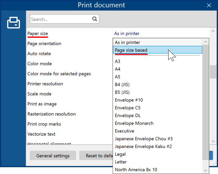 Choose paper source by document page size