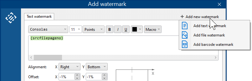 Select type of watermark: image, text, or barcode Select type of watermark: image, text, or barcode