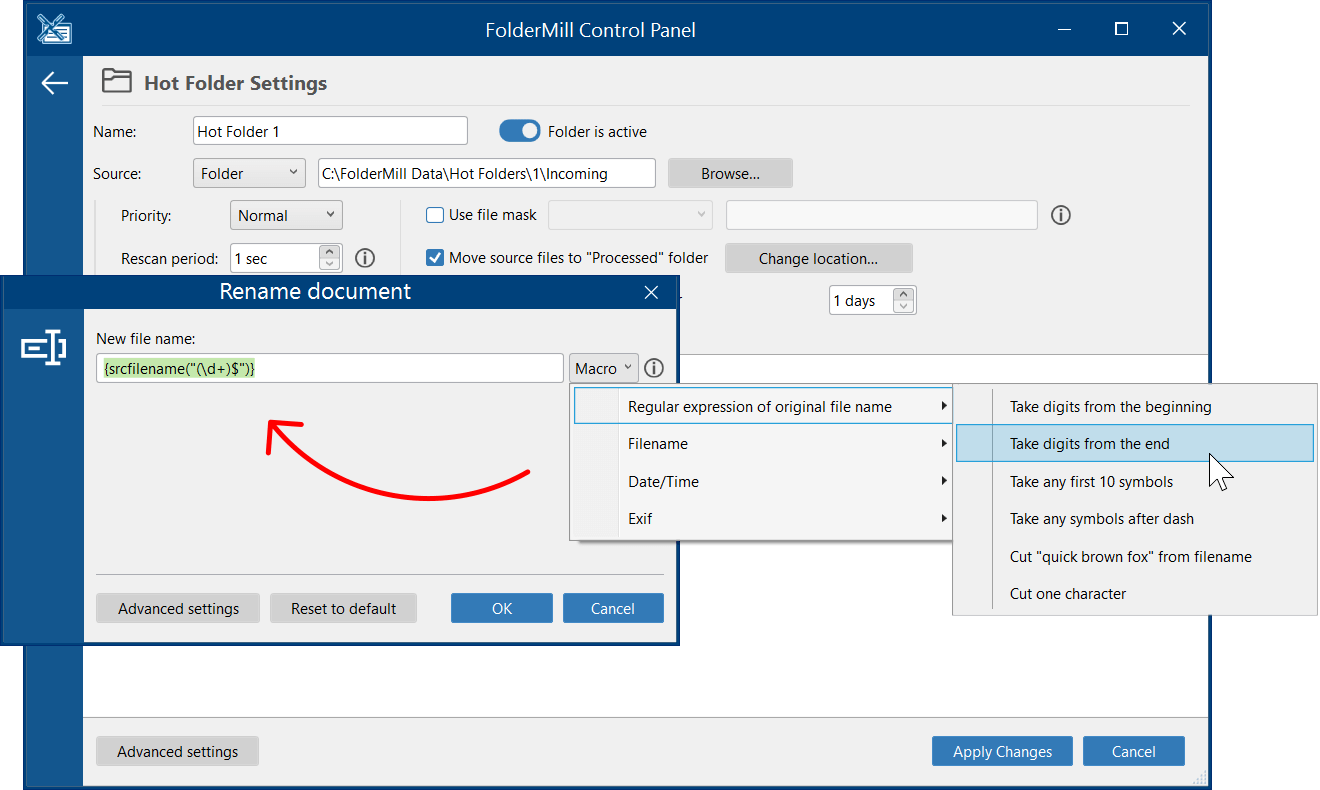 Use various macros to rename files in FolderMill