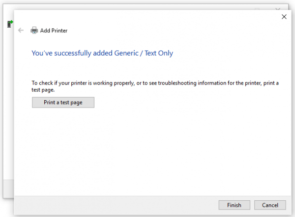 Generic / Text Only print driver installed successfully
