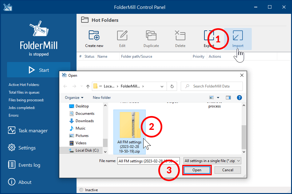 Import previously saved data