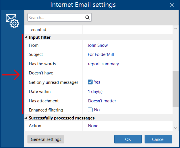 Set up input filters in the Advanced settings