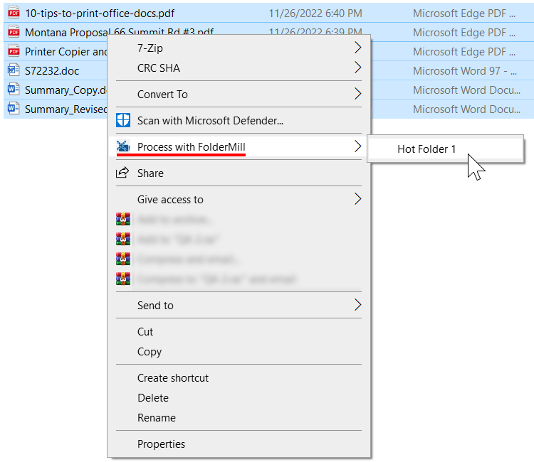 Send documents to Hot Folder directly from context menu 