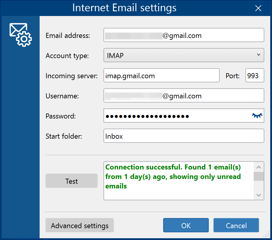 Internet Email settings in FolderMill