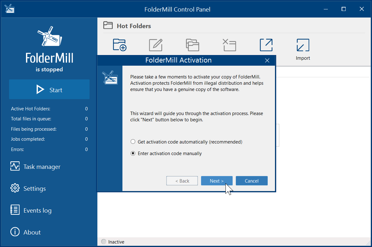 FolderMill Manual Activation - step 1