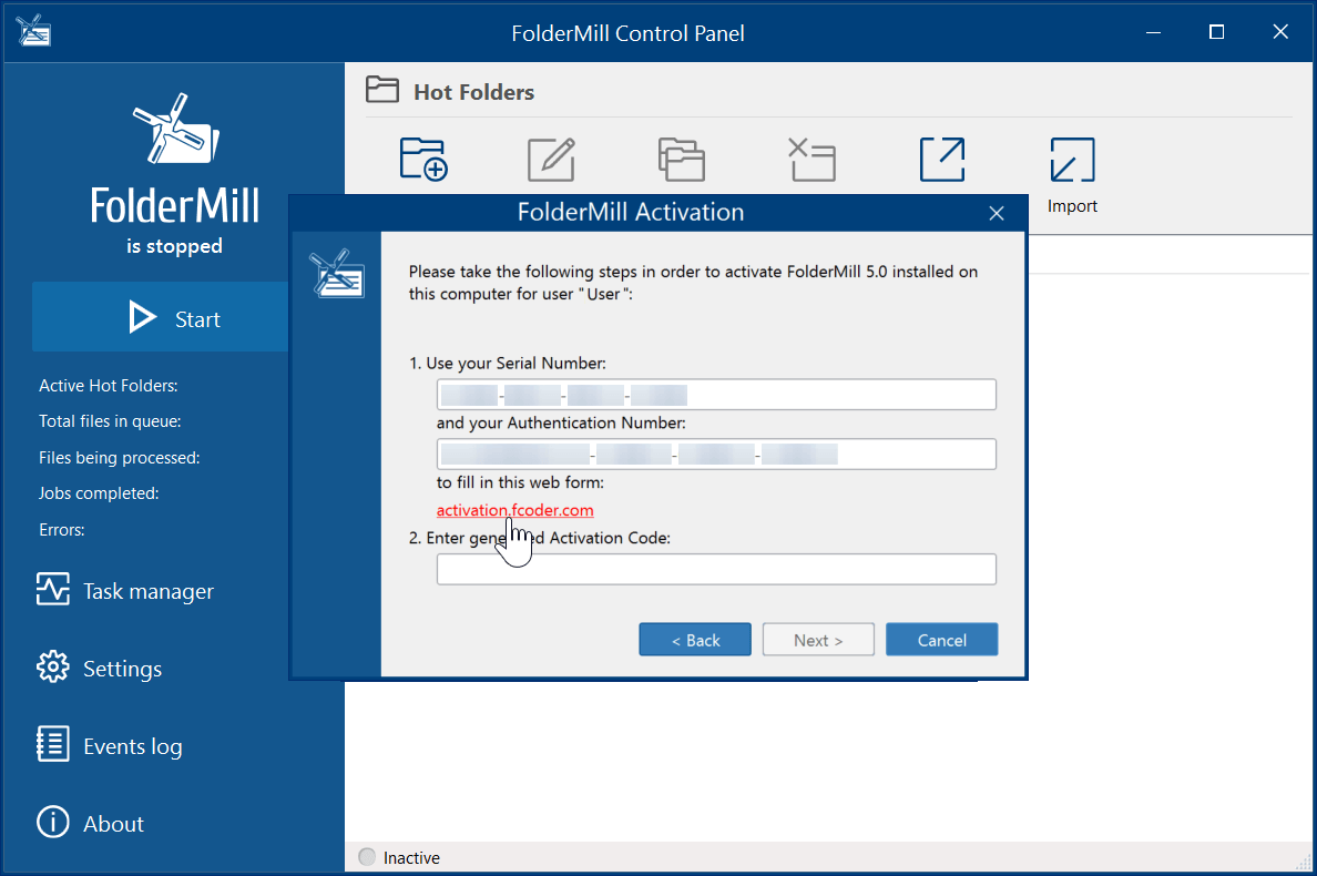 FolderMill Manual Activation - step 2