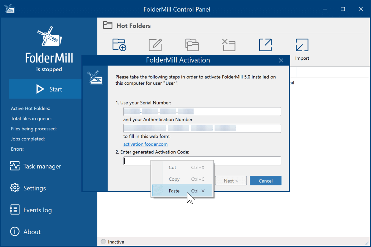 FolderMill Manual Activation - step 5