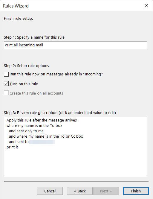 Outlook Rules Wizard: Finish rule setup