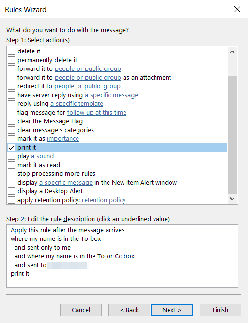 Outlook Rules Wizard: select "print it" action