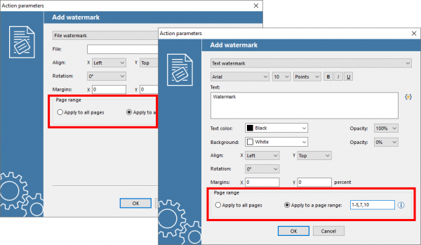 Set a page range for text or file (image) watermark