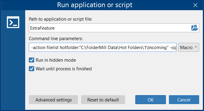 Parameters of the ExtraFeature tool (Run custom application)