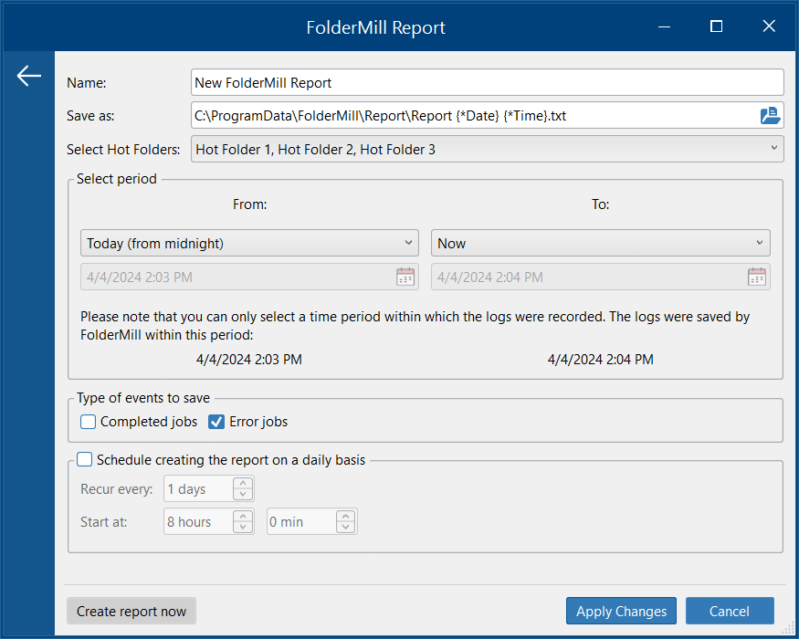 Export and save FolderMill logs in TXT format