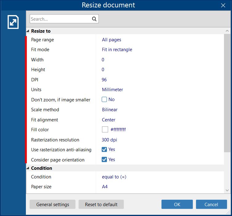 Resize document Action Advanced settings