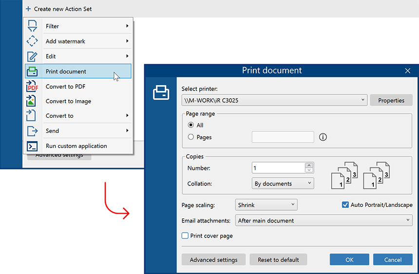 Review the parameters of the Print Document Action