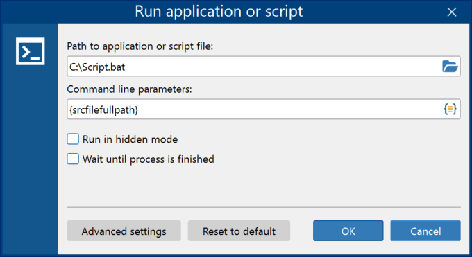 Run custom application Action settings