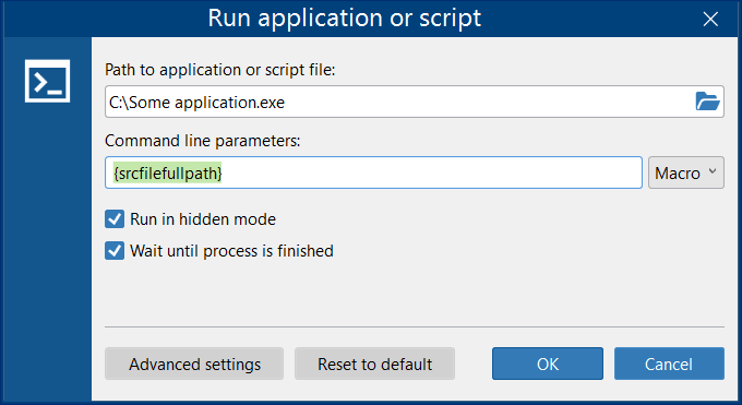 Run custom application Action settings